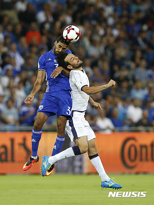 Ofir Davidadza of Israel and Italy's Marco Parolo jump for the ball during the World Cup Group G qualifying soccer match in Haifa, Israel, Monday, Sept. 5, 2016. (AP Photo/Ariel Schalit)