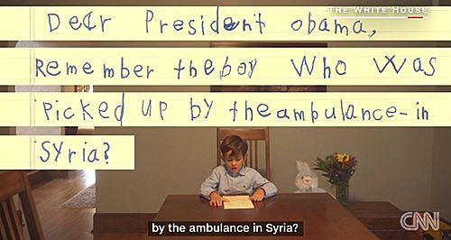 【서울=뉴시스】미국 뉴욕 주 스카데일에 사는 알렉스(6)가 시리아 '알레포 소년' 옴란 다크니시(5)를 미국에 데려와 달라는 편지를 낭독하고 있다. 알렉스는 옴란을 동생으로 삼고 싶다며 버락 오바마 대통령에게 편지를 보냈다. (사진 출처 = CNN방송 캡처) 2016.09.23.