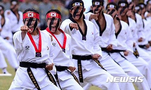 【계룡=뉴시스】전신 기자 = 지난 2016년 10월1일 충남 계룡대에서 열린 건군 제68주년 국군의 날 기념식에서 특전사 장병들이 태권도 시범을 선보이고 있다. 2016.10.01 photo1006@newsis.com