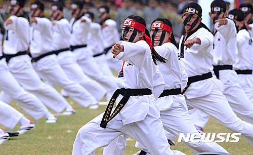 【계룡=뉴시스】전신 기자 = 지난 2016년 10월1일 충남 계룡대에서 열린 건군 제68주년 국군의 날 기념식에서 특전사 장병들이 태권도 시범을 선보이고 있다. 2016.10.01 photo1006@newsis.com