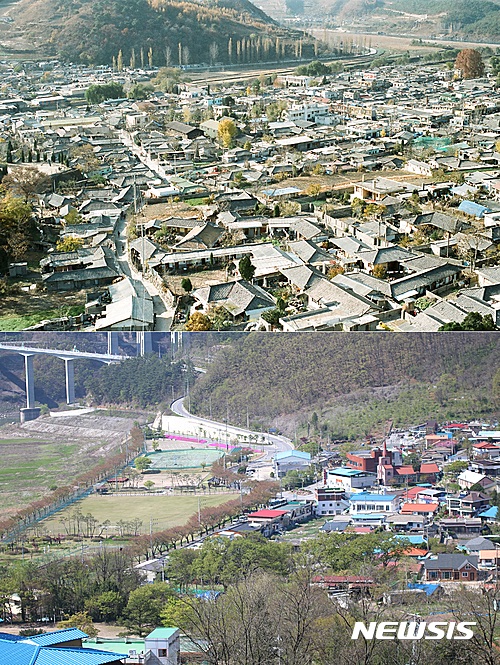  【단양=뉴시스】강신욱 기자 =충북 단양군 단성면이 충주댐 건설로 수몰된 지 30여 년 만에 각종 개발사업 추진으로 옛 군청 소재지로서의 면모를 되찾을지 관심을 끌고 있다. 충주댐 수몰 전 지금의 단성면인 옛 단양읍(위)과 현 단성면 시가지. 2016.10.03. (사진=뉴시스 DB)&nbsp;&nbsp; photo@newsis.com