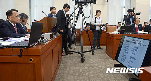 【서울=뉴시스】박주성 기자 = 유일호 경제부총리 겸 기획재정부 장관이 5일 오전 서울 여의도 국회 기획재정위원회에서 열린 기획재정부 국정감사에서 더불어민주당 박영선 의원의 미르재단과 K스포츠 재단 관련 질의 자료를 바라보고 있다. 2016.10.05.&nbsp; park7691@newsis.com