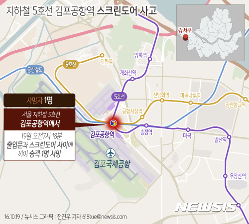 【서울=뉴시스】전진우 기자 = 19일 경찰과 서울도시철도공사에 따르면 이날 오전 7시18분께 김포공항역에서 내리던 김모(36)씨가 지하철 출입문과 스크린도어 사이에 끼어 숨지는 사고가 발생했다.&nbsp;&nbsp;&nbsp; 618tue@newsis.com