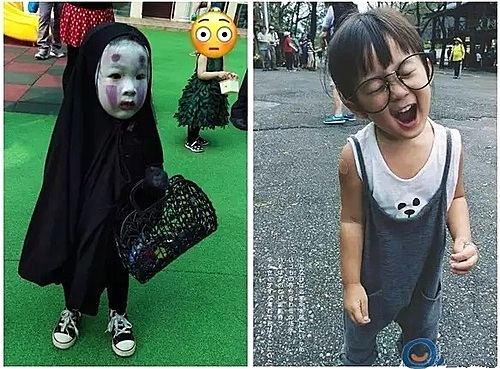 【서울=뉴시스】대만의 2살 난 여아가 최근 유치원 할로윈 파티에서 '센과 치히로의 행방불명' 캐릭터인 '가오나시'로 깜짝 변신해 유치원을 초토화시켰다. 대만에 사는 여아 '멍멍(萌萌)'의 분장 전후 모습. (사진출처: 중국 바이두) 2016.11.01