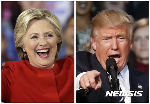 【랠리·그랜드래피즈=AP/뉴시스】힐러리 클린턴 미국 민주당 대선후보와 도널드 트럼프 공화당 후보가 8일(현지시간) 각각 노스캐롤라이나 랠리와 미시간 그랜드 래피즈에서 유세를 하고 있다. 2016.11.09&nbsp; 