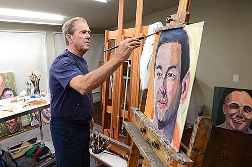 【서울=뉴시스】조지 W 부시 전 미국 대통령이 한 재향군인의 초상화를 그리는 모습. (사진=부시 전 대통령 페이스북) 2016.11.14.