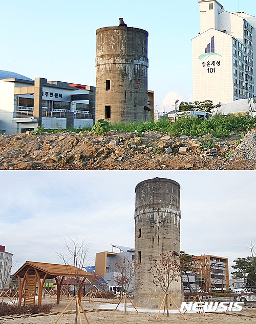 【충주=뉴시스】강신욱 기자 = 충북 충주시 봉방동 170-5 옛 충주역 급수탑이 봉방소공원 조성으로 제 모습을 되찾았다(아래사진). 위 사진은 공원 조성 전 흉물처럼 방치됐던 급수탑. 2016.11.22. ksw64@newsis.com