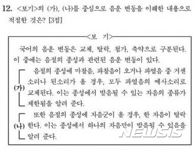 【세종=뉴시스】백영미 기자 =&nbsp; 국어 12번 문항은 음운 현상을 묻고 있다. 평가원이 인정한 정답은 보기 5번 '읊고[읍꼬]' 인데, 보기 1번 '꽂힌[꼬친]'도 정답으로 처리해야 한다는 지적이 잇따랐다. (자료=문제지 캡처)&nbsp;&nbsp; photo@newsis.com