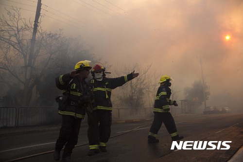 【하이파=AP/뉴시스】24일(현지시간) 이스라엘의 3번째 도시인 하이파에서 소방대원들이 화재 진화 작업을 벌이고 있다. 하이파에서는 산불이 확산되면서 주민 5만명이 긴급 대피했다. 2016.11.25