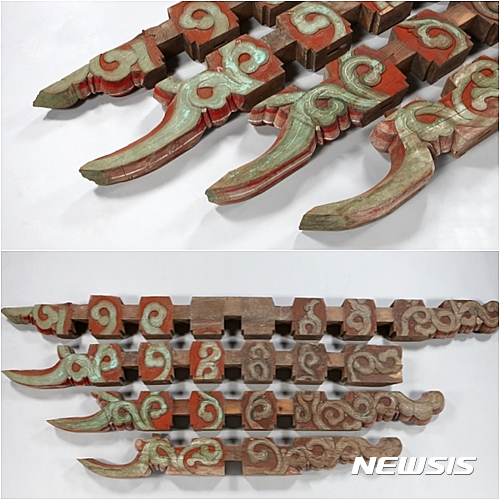 【서울=뉴시스】살미(山彌), 조선, 1868년 이전, 나무, 27.0×234×14.0, 26.5×291×14.0, 27.0×289×14.0, 27.0×376×14.0㎝, 경복궁 근정전 부재. 공포(栱包)에 사용된 부재로 장여, 첨차 등과 직교해 보 방향으로 걸린다. 형태를 기준으로 아래부터 번호를 붙이는데, 쇠서형(牛舌形), 즉 소의 혀처럼 밑으로 쭉 빠져 내려온 형태 살미부터 1제공, 2제공, 3제공이라 한다. 익공형(翼舌形), 즉 새의 날개처럼 뾰족한 형태 살미는 4익공, 운공형(雲工形), 즉 구름처럼 둥근 형태 살미는 5운공이라고 한다. 