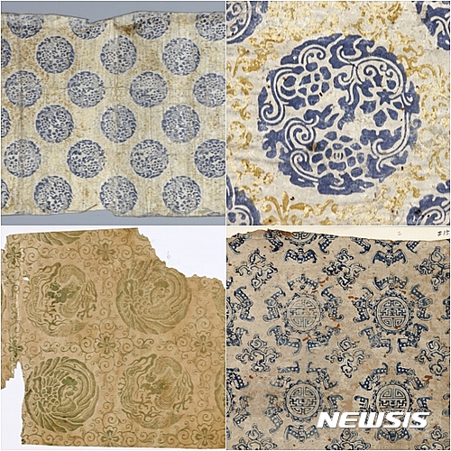 【서울=뉴시스】궁궐 도배지. 위 왼쪽부터 시계방향으로 ①운현궁 노락당 도배지, 19세기 말~20세기 초, 1993년 실측 조사 당시 채취해 분리한 것으로 안채인 노락당 천장지다. 도배지 배면에 맞닿아 있던 문양지 무늬의 흔적이 뚜렷하게 남아있어 도배된 순서를 추측할 수 있다. 운현궁은 흥선대원군의 사가이자 고종의 잠저다. 고종이 즉위한 후 확장, 보수해 궁이라 높여 부르게 됐다 ②운현궁 노락당 도배지 세부 ③창덕궁 석복헌 도배지, 19세기 말~20세기 초, 1994년 창덕궁 낙선재 일곽을 보수하다가 석복헌 천장에서 발견된 도배지다. 가장 안쪽에서 발견된 박쥐무늬 문양의 도배지가 가장 앞선 시기의 것으로 판단된다. 창덕궁 석복헌은 낙선재 동쪽의 전각으로 헌종이 후궁 경빈 김씨를 위해 지었다 ④덕수궁 준명당 도배지, 19세기 말~20세기 초, 2010년 준명당 수리 때 천장에서 뜯어낸 용봉문 도배지다. 경운궁중건도감의궤에서 준명당에 사용한 도배지 목록에서도 확인할 수 있다. 덕수궁 준명당은 고종이 정무를 하던 편전이자 침전으로 사용됐다.