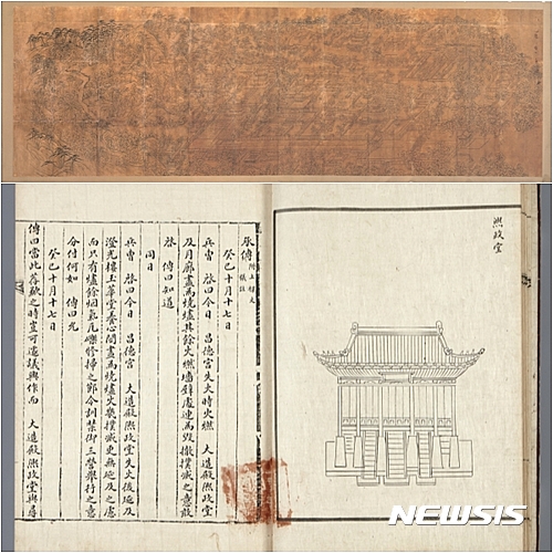 【서울=뉴시스】▲서궐도안(위), 1829년 이전, 종이에 먹, 127.5×401.5㎝, 보물 제1534호, 경희궁과 주변 자연을 먹선만으로 그린 초본형태의 그림이다. 평행사선구도로 전각과 담장 등을 군데군데 나무를 배치하면서 정세하고 일목요연하게 그린 대형 건축그림이어서 동궐도와 비교된다. 1831년 서궐중건도감의궤에 나타난 경희궁의 모습과 다른 점이 있어 1829년 화재 이전의 모습을 그린 것으로 추정된다. 경희궁은 고종대 경복궁 중건 이후 방치되고 전각은 이건되는 등 본 모습을 거의 잃다가 현재 복원된 상태다. ▲창덕궁영건도감의궤(아래), 조선, 1834년, 1책, 종이에 먹(필사본), 45.2×32.5㎝, 보물 제1901-2호, 1833년(순조 33) 10월에 화재로 소실된 창덕궁의 일부 내전을 중건한 내용을 기록한 의궤다. 1833년(순조 33) 10월17일 창덕궁 화재는 희정당·대조전을 다 태우고 징광루·옥화당·양심합까지 번져 모두 소실됐다. 순조(재위 1800~1834)는 당시 계속되는 흉년으로 인한 재정난에도 불구하고 희정당과 대조전은 보통 전각과 다르니 즉시 개건해야 한다고 하교했고, 이에 따라 10월26일 영건도감을 설치하고 공사를 시작했다. 의궤의 승전 항목에서 창덕궁에 화재가 일어났다는 내용과 왕의 하교가 내려져 영건도감이 설치되는 등 공사 진행 과정 등이 기록돼 있다. 