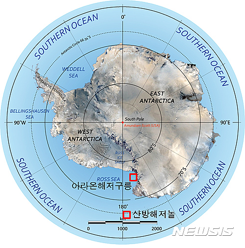 【부산=뉴시스】하경민 기자 = 국립해양조사원은 최근 열린 제5차 국가지명위원회(해양 분야)에서 전남도, 제주도, 동해, 남극 해역 등의 지형에 대해 우리말 이름 48개를 공식적으로 제정했다고 12일 밝혔다.&nbsp; 사진은 우리말 새이름이 제정된 남극 해저 지형 2곳의 위치도. 2016.12.12. (사진=해양조사원 제공)&nbsp; yulnetphoto@newsis.com