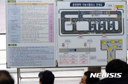 【서울=뉴시스】신태현 기자 = 경사로와 직각주차(T자 코스)가 추가되는 등 어려워진 운전면허시험제도가 전면 시행된 22일 오전 서울 강남구 강남운전면허시험장에 개편된 기능시험코스 안내도가 설치돼 있다.  이날부터 운전면허 학과시험 문항 수는 기존 730문항에서 1000문항으로 늘어났고 장내 기능시험은 경사로와 직각주차(T자 코스)를 비롯 좌·우회전, 신호교차로, 가속 코스가 추가돼 평가항목이 2개에서 7개로 늘었다. 2016.12.22.  holjjak@newsis.com