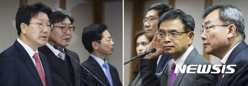 【서울=뉴시스】최진석 기자 = 권성동 법제사법위원장을 비롯한 국회 탄핵소추위원단(왼쪽 사진)과 이중환 변호사를 비롯한 박근혜 대통령 측 법률대리인단이 22일 오후 서울 종로구 재동 헌법재판소 소심판정에서 열린 박근혜 대통령 탄핵심판사건 첫 준비절차기일을 마친 후 기자회견을 하고 있다. 2016.12.22. photo@newsis.com