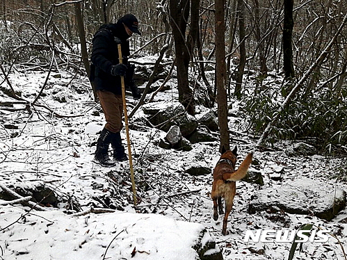 【진안=뉴시스】정경재 기자 = 27일 전북 진안군 운장산에서 경찰관과 구조견이 실종여성을 찾기 위해 수색을 하고 있다. 지난 22일 실종된 40대 여성은 홀로 산에 올랐다 조난신고를 접수한 뒤 연락이 끊겼다. 이에 경찰과 소방, 군부대는 헬기와 드론, 경찰견 등을 동원해 6일째 수색작업을 벌이고 있다. 2016.12.27. (사진= 전북지방경찰청 제공)&nbsp;&nbsp; photo@newsis.com 