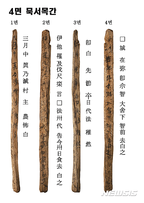 【서울=뉴시스】함안 성산산성 출토 사면목간