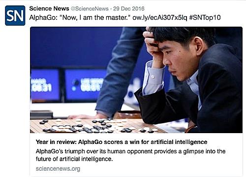 【서울=뉴시스】인공지능(AI) '알파고'의 후신으로 추정되는 AI가 한·중·일 바둑고수를 잇달아 패배시켜 주목받고 있다. 3일 중국 포털사이트 텅쉰(騰迅·텐센트) 스포츠 채널은 아이디 '마스터(master)'인 신비의 고수가 중국 커제(柯潔) 9단을 패배시키면서 인간과의 대결에서 50연승의 성적을 기록했다고 전했다. 미국 과학전문지인 사이언스뉴스가 지난달 29일 트위터에 알파고는 이제 마스터다라는 문구를 게재했다. 사이언스뉴스 트위터 캡쳐 사진. (사진출처: 트위터) 2017.01.04