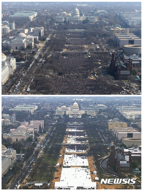 【워싱턴=AP/뉴시스】지난 2009년 1월20일 버락 오바마 대통령 취임식 사진(위)과 2017년 1월20일 도널드 트럼프 대통령 취임식 사진(아래). 사진은 모두 취임식 당일 정오를 넘긴 직후 워싱턴모뉴먼트 꼭대기에서 촬영한 동영상을 캡처한 것이다. 2019.07.04.