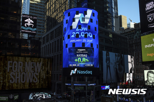 【뉴욕=AP/뉴시스】미국 뉴욕 증시에서 다우 지수가 25일(현지시간) 사상 처음으로 2만대를 돌파한 채 장을 마감했다. 뉴욕증권거래소(NYSE)에서 이날 다우존스 30 산업평균지수는 전일 대비 155.80 포인트, 0.78% 오른 2만68.51로 폐장했다. 사진은 뉴욕 타임스스퀘어의 전광판 모습. 2017.01.26