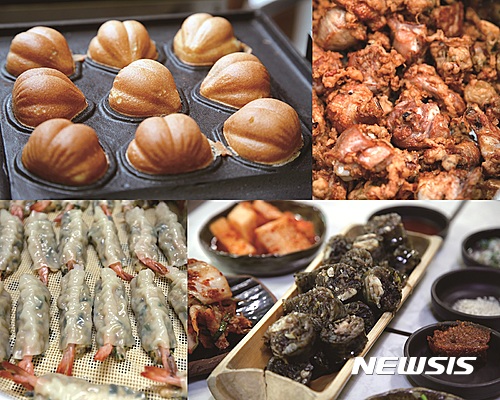  【단양=뉴시스】강신욱 기자 = 충북 단양군 단양읍 구경시장에는 50여 개 음식점이 성업하는 가운데 이 지역 농특산물인 마늘을 재료로 한 다양한 음식이 관광객의 입맛을 사로 잡고 있다. 사진 위쪽부터 시계 방향으로 흑마늘빵, 마늘통닭, 마늘순대, 새우마늘만두. 2017.02.02. (사진=단양군 제공)&nbsp; photo@newsis.com&nbsp; 