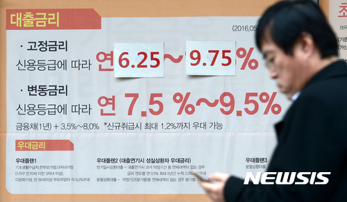 【서울=뉴시스】이영환 기자 = 1년전 연 3% 초중반이던 중도금 대출금리가 최근 연 5%대까지 급등했다.  건설업계는 은행권에서 중도금 대출을 꺼리는 현상이 지속돼 미분양 단지 및 분양률이 높은 건설사 또한 중도금 대출 은행을 찾지 못하고 있으며, 제2금융권의 신용대출로 대출 금리가 높아져 이자 부담이 커지면 수요 감소와 미분양 증가로 주택시장이 침체될 것이라고 내다봤다.   사진은 8일 오후 서울 중구의 한 은행앞에 표시된 대출 금리. 2017.02.08.   20hwan@newsis.com