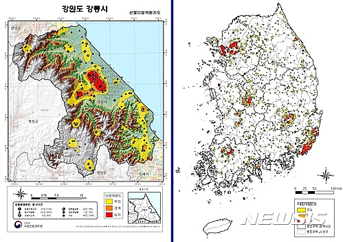 【대전=뉴시스】김양수 기자 = 산림청 국립산림과학원이 15일 공개한 '전국 산불다발위험지도'. 지난 1991년부터 2015년까지 발생된 1만560건의 산불 위치정보를 지도화한 자료로 효율적 산불진화 및 예방에 활용된다. 왼쪽은 강릉시의 산불다발지역을 분석한 지도고 오른쪽이 전국지도다.2017.02.15(사진=산림청 제공)&nbsp; photo@newsis.com&nbsp; 