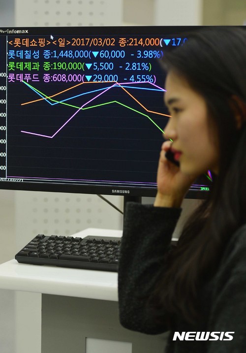 【서울=뉴시스】고승민 기자 = 중국의 '사드 보복' 조치에 따른 위기감에 롯데그룹 계열사의 주가가 연속 악세를 기록한 2일 오후 서울 여의도 KRX 한국거래소에서 직원이 롯데쇼핑, 제과 등 하락세를 기록한 롯데계열 회사들의 종가를 살피고 있다. 2017.03.02.&nbsp; kkssmm99@newsis.com