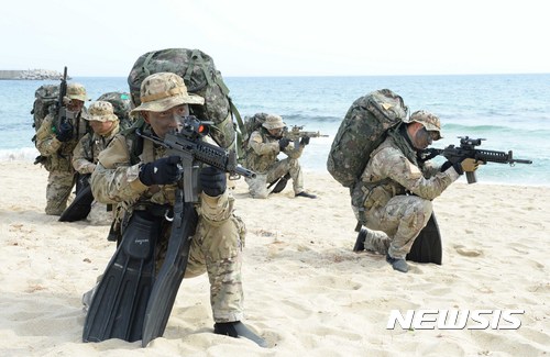 【동해=뉴시스】김경목 기자 = 해군 제1함대사령부 제3특전대대(UDT/SEAL) 대원들이 20일 강원 동해시 해안 일대에서 키리졸브(KR) 및 독수리 훈련(FE)의 일환으로 적진을 침투하는 훈련을 하고 있다. 2017.03.20. (사진=해군 제1함대사령부 양성기 상사 제공) photo@newsis.com