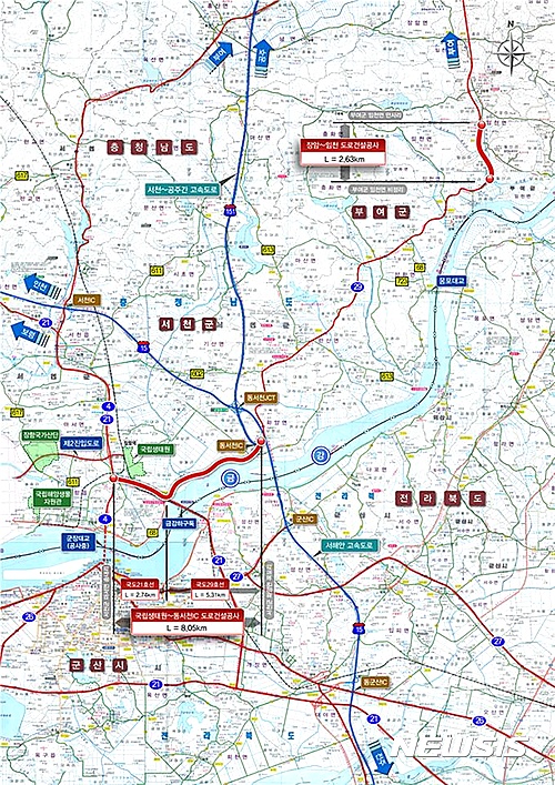【대전=뉴시스】김양수 기자 = 21일 대전지방국토관리청이 발주한 국도건설공사 위치도. 1구간은 충남 서천군 마서면 송내리에서 화양면 옥포리를 연결하는 국립생태원~동서천IC 구간이며 2구간은 부여군 임천면 비정리~만사리 구간이다.2017.03.21(사진=대전지방국토관리청 제공)   photo@newsis.com