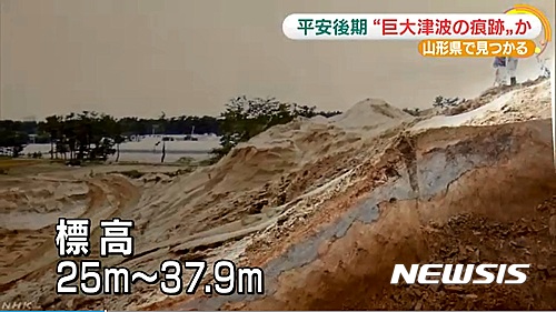 【서울=뉴시스】일본 동북부 야마가타(山形)현에서 약 1000년 전 높이 30m의 쓰나미(지진해일)가 발생했던 흔적이 발견됐다. 이 흔적은 해안을 따라 드문드문 발견된 진흙층(사진)으로, 현재 진흙층의 높이는 해발 30여m높이다. 과거 쓰나미로 인해 저지대에 있던 진흙이 말려 올라오면서 굳어진 것으로 보인다. (사진출처: NHK) 2017.03.22.