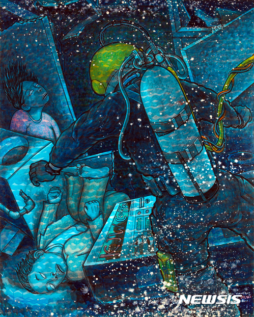 【광주=뉴시스】류형근 기자 = 광주시립미술관은 박근혜 전 대통령을 허수아비로 풍자해 전시 불허된 홍성담 작가의 작품 '세월오월'을 비롯해 세월호 참사를 다룬 홍 작가의 신작 24점을 28일부터 5월11일까지 전시한다고 밝혔다. 작품은 '김관홍 잠수사'. 2017.03.28. (사진=광주시립미술관 제공)&nbsp; photo@newsis.com