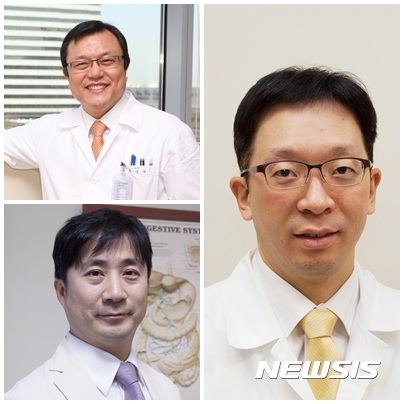 【서울=뉴시스】서울성모병원 소화기내과 최명규(왼쪽위)·이인석(왼쪽아래)·윤승배 교수.2017.03.29(제공=서울성모병원)