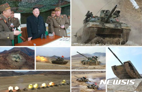 【서울=뉴시스】노동신문은 김정은 북한 노동당 위원장이 조선인민군 탱크병 경기대회를 참관했다고 1일 보도했다. 2017.04.02. (출처= 노동신문)&nbsp; photo@newsis.com