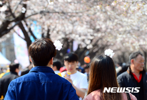 【서울=뉴시스】박영태 기자 = 제13회 영등포 여의도 봄꽃 축제가 열리고 있는 7일 오후 서울 영등포구 여의도 윤중로에서 많은 시민들이 벚꽃을 보며 여유로운 시간을 보내고 있다. 2017.04.07. since1999@newsis.com