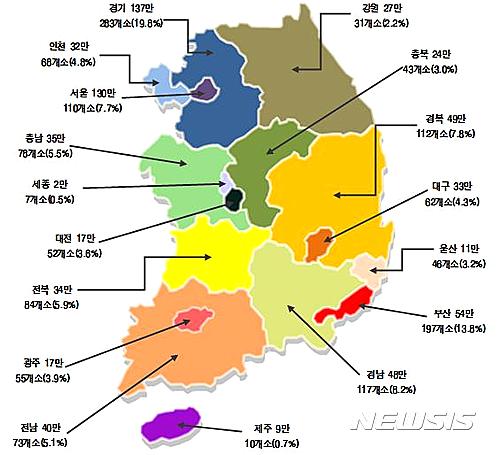 【청주=뉴시스】인진연 기자 = 건강보험심사평가원이 공개한 지역별 65세 이상 인구 대비 요양병원 수. 2017.04.11 (사진=심평원 제공)&nbsp; photo@newsis.com