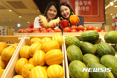 【서울=뉴시스】13일 서울 소공동 롯데백화점 본점에서 직원들이 서울청과 초대전의 대표 과일을 소개하고 있다.&nbsp; 롯데백화점은 오는 16일까지 가락시장의 도매업체 1위인 ‘서울청과’와 연계해 다양한 과일과 채소를 선보인다. 대표 상품은 참외(2kg/박스)와 대저토마토(1.5kg/박스)가 각각 15,000원이다. 2017.04.13. (사진=롯데백화점 제공)&nbsp; photo@newsis.com