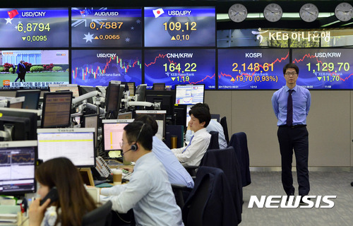 【서울=뉴시스】최동준 기자 = 코스피 지수가 전 거래일 보다 19.70포인트 오른 2,148.61로 장을 마감한 13일 서울 명동 KEB하나은행 딜링룸에서 딜러들이 업무를 보고 있다. 원달러 환율은 전 거래일보다 11.70원 하락한 1,129.70으로 장을 마쳤다.한편 이날 중국 인민은행은 위안화 환율을 달러당 6.8651위안으로 고시했다. 전 거래일 고시환율에 비해 위안화 가치는 0.42% 올랐다. 2014.04.13. photocdj@newsis.com