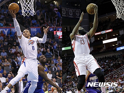 【서울=뉴시스】2016~2017시즌 미국프로농구(NBA) 정규리그 MVP 경쟁을 벌이고 있는 러셀 웨스트브룩(왼쪽)과 제임스 하든. 2017.4.14. (AP/뉴시스)