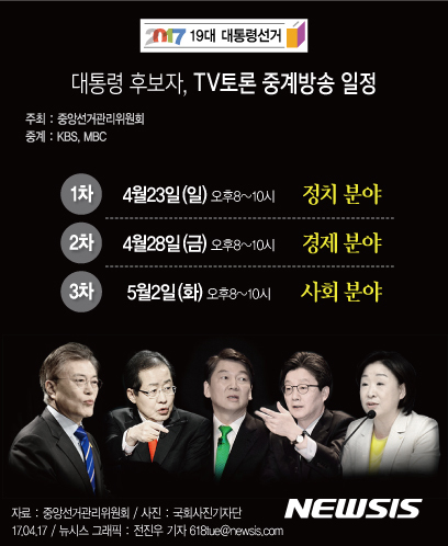 【서울=뉴시스】전진우 기자 = 중앙선거관리위원회는 4월23일, 28일, 5월2일 제19대 대통령선거 후보자 TV 토론회를 개최할 예정이다. 토론회는 KBS와 MBC를 통해 생방송되며 회당 2시간씩 진행될 예정이다.  618tue@newsis.com  