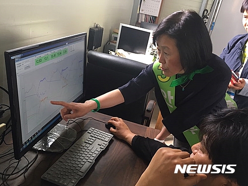 【익산=뉴시스】위용성 기자 = 안철수 국민의당 대선후보 부인 김미경씨가 28일 농업회사법인 로즈밸리에서 법인 관계자로부터 작물 관리 현황을 측정·기록한 그래프를 보며 설명을 듣고 있다. 2017.04.28.(제공=안철수 캠프)