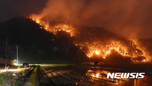 【서울=뉴시스】지난 6일 강릉시 성산면에서 산불이 발생한 가운데 강릉시 성산면 일대 민가로 화염이 덮치고 있다. 2017.05.07. (사진=강원일보 제공)&nbsp; photo@newsis.com 