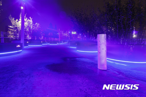 【서울=뉴시스】서울시는 오는 20일 정식 개장하는 서울로 7017의 야경을 11일 사전공개했다. '서울로 7017'은 국내 최초의 공중보행로로 계수나무(퇴계로 인근)를 비롯해 228종 24,085주의 꽃·나무를 보면서 걸을 수 있다. 개장일인 20일 저녁부터 야간조명을 정식 가동한다. 사진은 안개분수 모습. 2017.05.11. (사진=서울시 제공) photo@newsis.com