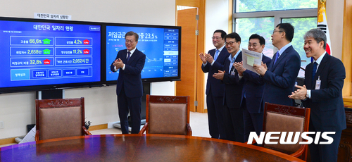 【서울=뉴시스】전진환 기자 = 문재인 대통령이 24일 오전 청와대 여민관 집무실에 설치된 대한민국 일자리 상황판을 보며 추진상황을 점검하고, 취업인구가 늘어나길 기원하며 박수치고 있다. 문재인(왼쪽부터) 대통령, 이용섭 일자리위원회 부위원장, 장하성 청와대 정책실장, 정병헌 정무수석, 윤영찬 국민소통수석, 김수현 사회수석. 2017.05.24. amin2@newsis.com