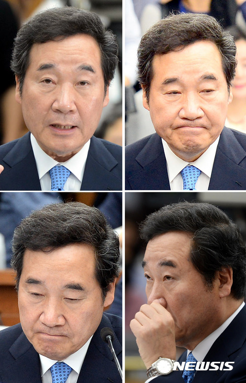 【서울=뉴시스】박영태·배훈식·홍효식 기자 = 이낙연 국무총리 후보자가 24일 오전 서울 영등포구 여의도 국회에서 열린 국무총리 임명 동의에 관한 인사청문특별위원회에서 야당 의원들이 자료 미비와 위장전입, 아들의 병역면제 등을 질타하며 파상 공세로 질의하자 곤혹스러워하고 있다. 2017.05.24. photo@ newsis.com