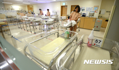 【서울=뉴시스】김선웅 기자 = 1분기 출생아 수가 사상 처음으로 10만명 아래로 떨어지면서 역대 최저치를 경신했다. 24일 통계청이 발표한 '인구동향'에 따르면 올해 1~3월 출생아 수는 9만8800명으로 전년 1분기(11만2600명)보다 12.3% 감소했다.&nbsp;&nbsp; 통계청이 관련 통계를 집계한 2000년 이래 1분기 출생아 수가 10만명 이하로 떨어진 것은 이번이 처음이다. 사진은 이날 오후 서울 중구에 위치한 산부인과 전문 제일병원 신생아실의 모습이다. 2017.05.24.&nbsp; mangusta@newsis.com