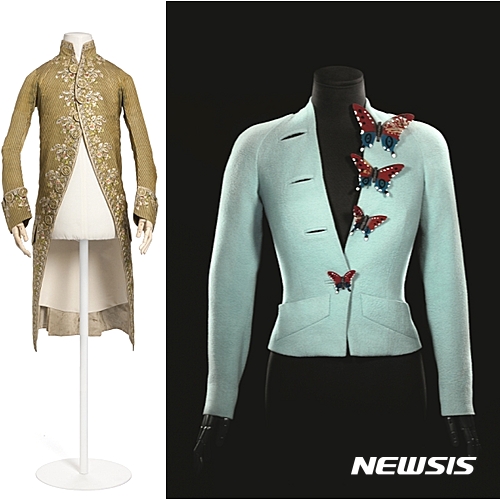 【서울=뉴시스】의복(왼쪽), 1785년께, 북경 비단에 자수. 상의, 엘자 스키아파렐리(1890~1973) 1937년 여름 컬렉션, 듀베틴 모직, 채색한 호도이드 나비 단추