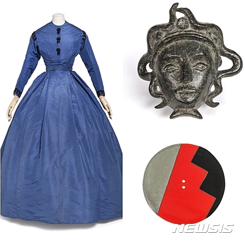 【서울=뉴시스】왼쪽부터 시계방향으로. 변형 드레스 상의와 치마, 1869~1869, 파이유, 흑옥과 진주로 장식한 장식끈 단추 3개. 아플리케, 알베르토 자코메티, 1935년께, 청동. 색 단추, 1920년께, 셀룰로이드, 갤러리스, 금속, 나무