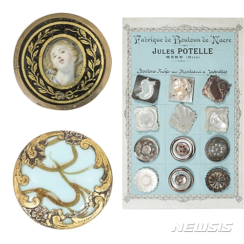 【서울=뉴시스】위 왼쪽부터 시계방향으로. 프라고나르 양식의 여성 초상, 1760년께, 종이에 구아슈, 후면에 금박가공한 유리틀. 단추 견본판, 메뤼·브리아르·파리 등지,19세기 말~20세기 초, 마분지, 자개, 스트라스, 금속, 유약, 비단 새틴. 아르누보 단추, 1900년대, 금속, 자개, 뿔, 코펜하겐 도자기