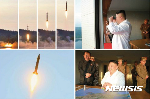 【서울=뉴시스】북한 노동신문은 김정은 국무위원장이 정밀조종유도체계를 도입한 신형 탄도미사일 시험발사를 지도했다고 30일 보도했다.&nbsp;&nbsp; 이번 시험발사에는 리병철 당 군수공업부 제1부부장, 김락겸 전략군사령관, 김정식 당 군수공업부 부부장, 정승일 당 군수공업부 부부장, 장창하 국방과학원장, 전일호 등이 동행했다. 2017.05.30. (출처=노동신문)&nbsp;&nbsp;&nbsp; photo@newsis.com